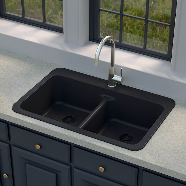 Allen + Roth Kenji Dual-mount 33-in x 22-in Nero Granite Double Equal Bowl 3-Hole Kitchen Sink