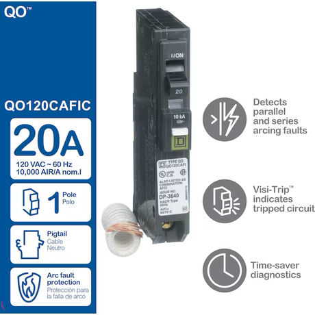 Square D QO 20-amp 1-Pole Combination Arc Fault Circuit Breaker