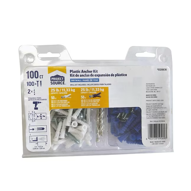Project Source 25-lb Assorted Diameter x Assorted Length Drywall Anchors with Screws Included (100-Pack)