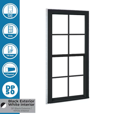 RELIABILT 150 Series New Construction 31-1/2-in x 35-1/2-in x 3-1/4-in Jamb Black Vinyl Low-e Single Hung Window with Grids Half Screen Included