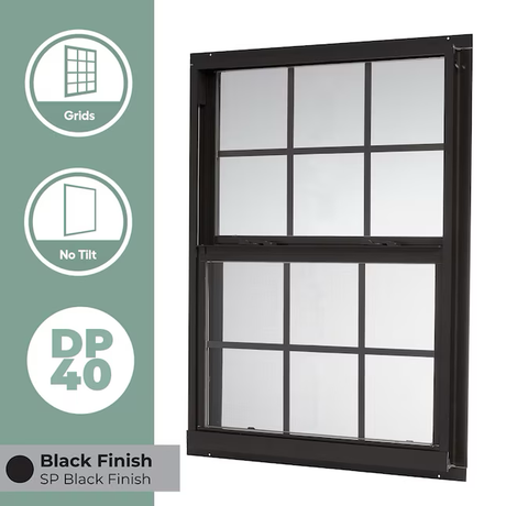 RELIABILT 46000 Series New Construction Black Aluminum Low-e Single Hung Window with Grids Half Screen Included