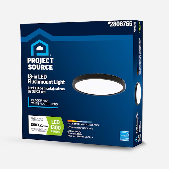 Project Source Adjustable Color Temperature 1-Light 13-in Black LED Flush Mount Light ENERGY STAR