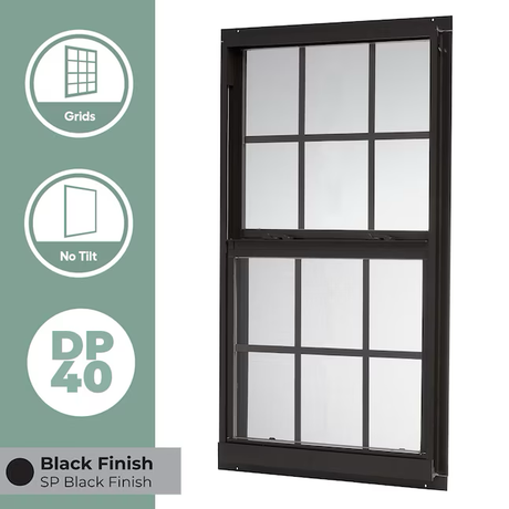 RELIABILT 46000 Series New Construction 35-1/2-in x 51-1/2-in x 2-5/8-in Jamb Black Aluminum Low-e Single Hung Window with Grids Half Screen Included