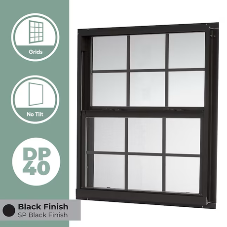 RELIABILT 46000 Series New Construction 35-1/2-in x 35-1/2-in x 2-5/8-in Jamb Black Aluminum Low-e Single Hung Window with Grids Half Screen Included