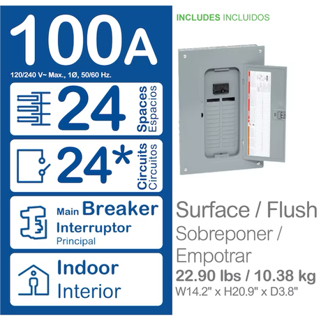 Square D QO 100-Amp 24-Spaces 24-Circuit Indoor Convertible Main Breaker Panel Plug-on Neutral Load Center (Value Pack)