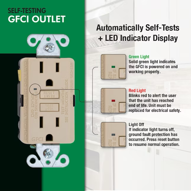 EZ-FLO 15-AMP 125-Volt Duplex Self-Test Slim GFCI outlet with LED Indicator and Wall Plate in Ivory