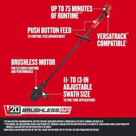 CRAFTSMAN Brushless RP 20-volt Max 13-in Straight Shaft Battery String Trimmer 5 Ah (Battery and Charger Included)