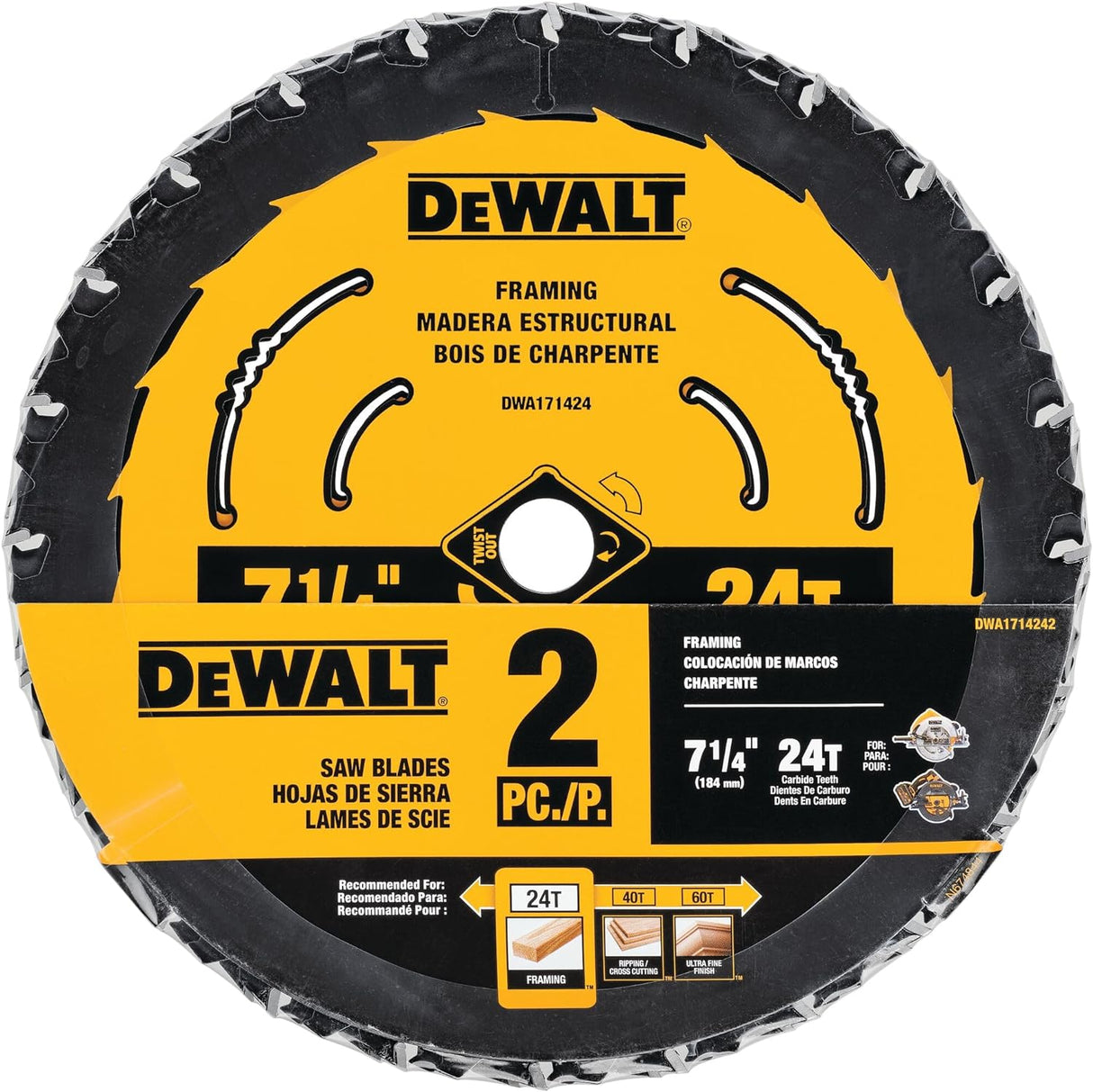 DeWalt Circular Saw Blade, 7 1/4 Inch, 24 Tooth, Wood Cutting (2-Pack)