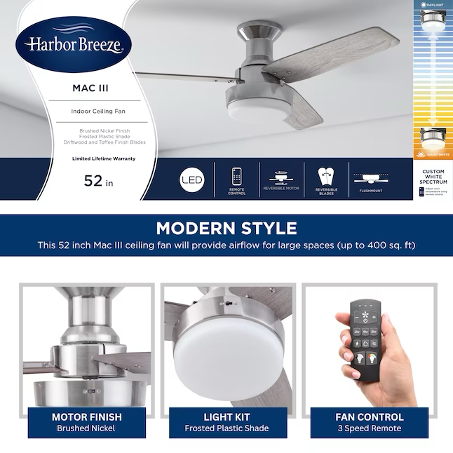 Harbor Breeze Mac III 52-in Brushed Nickel Color-changing Indoor Flush Mount Ceiling Fan with Light and Remote (3-Blade)