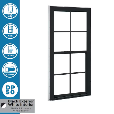 RELIABILT 150 Series New Construction 31-1/2-in x 59-1/2-in x 3-1/4-in Jamb Black Laminate Vinyl Low-e Single Hung Window with Grids Half Screen Included