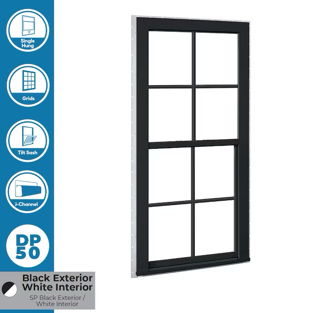 RELIABILT 150 Series New Construction 31-1/2-in x 59-1/2-in x 3-1/4-in Jamb Black Laminate Vinyl Low-e Single Hung Window with Grids Half Screen Included