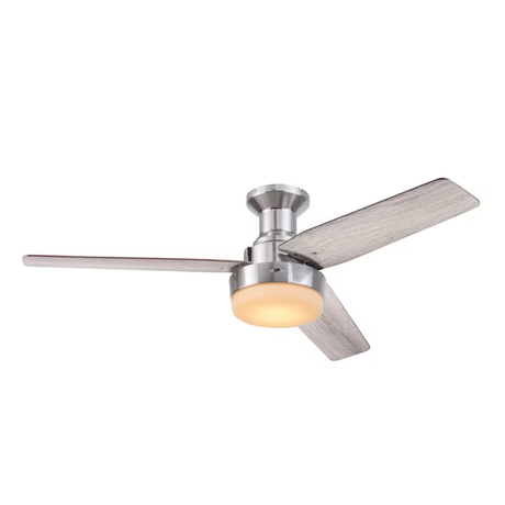 Harbor Breeze Mac III Easy2Hang 52-in Brushed Nickel Color-changing Indoor Flush Mount Ceiling Fan with Light and Remote (3-Blade)