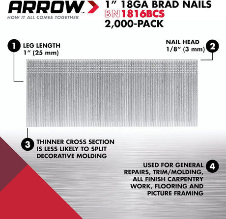 Arrow 18-Gauge Steel Brad Nails, 2 Inch, 1000 Pack