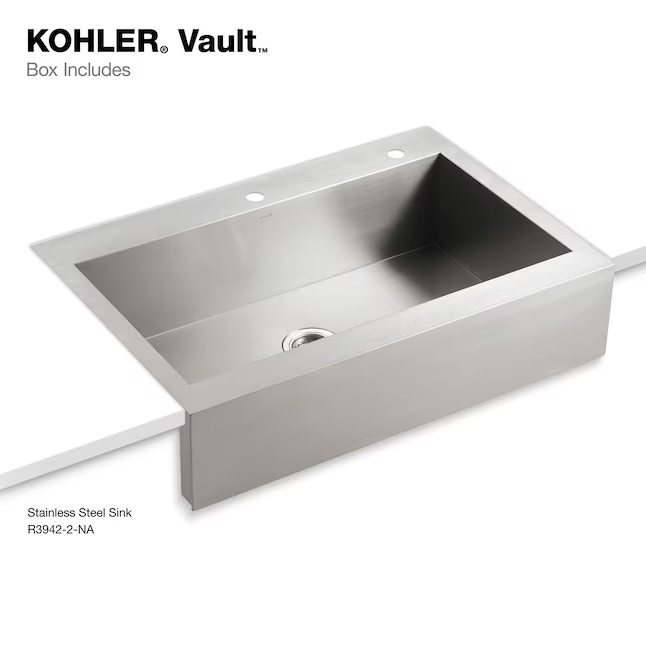 KOHLER Vault Farmhouse Apron Front 35.75-in x 24.31-in Stainless Steel Single Bowl 2-Hole Kitchen Sink