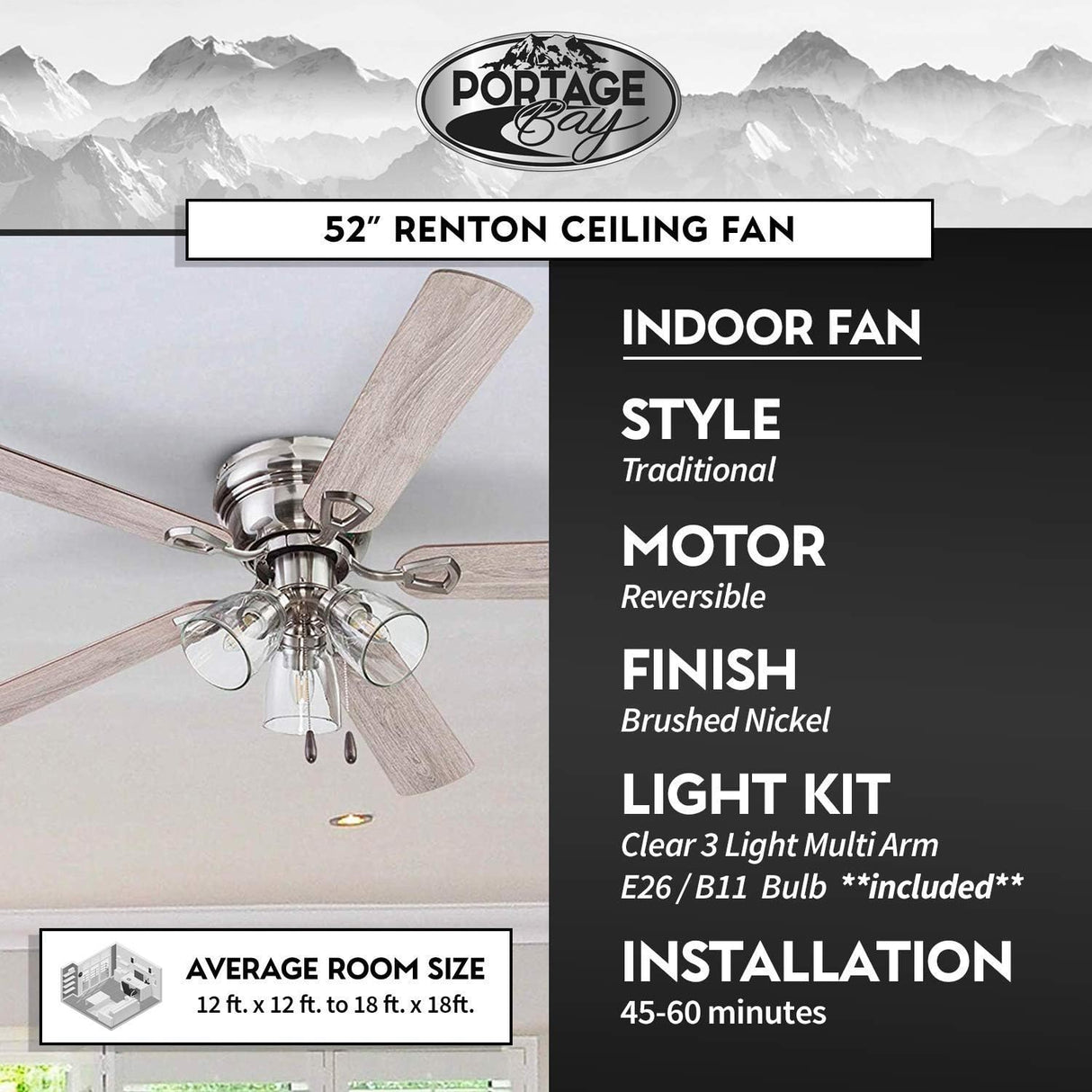 Portage Bay Ceiling 52" Renton Brushed Nickel Indoor Fan with Clear 3 Light LED