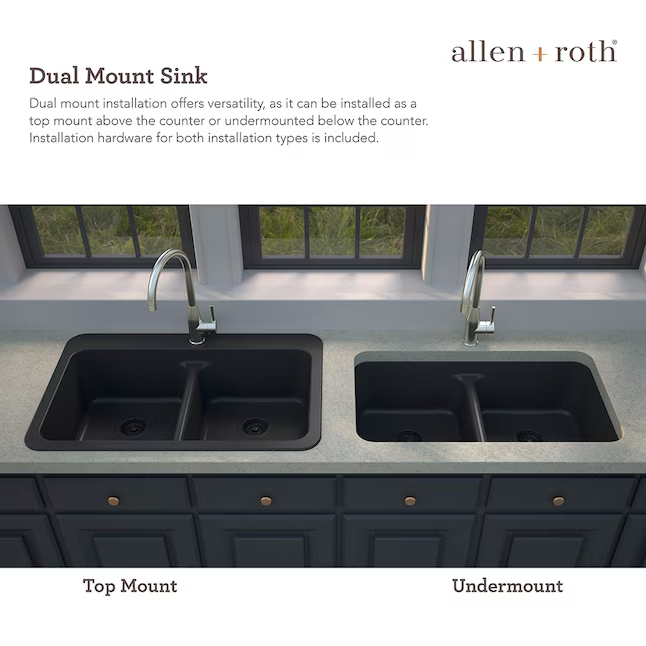 Allen + Roth Kenji Dual-mount 33-in x 22-in Nero Granite Double Equal Bowl 3-Hole Kitchen Sink