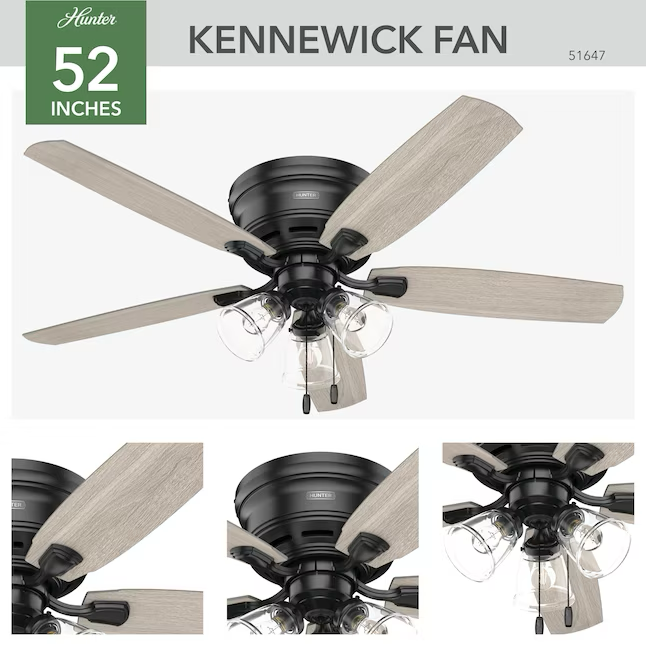 Hunter Kennewick 52-in Matte Black Indoor Flush Mount Ceiling Fan with Light (5-Blade)