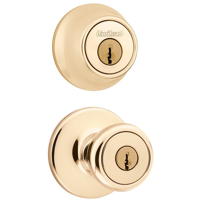 Kwikset Security Tylo Polished Brass Exterior Single-cylinder deadbolt Keyed Entry Door Knob Combo Pack with Antimicrobial Technology