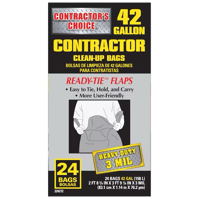 Contractor's Choice Contractor 42-Gallons Black Outdoor Plastic Construction Flap Tie Trash Bag (24-Count)