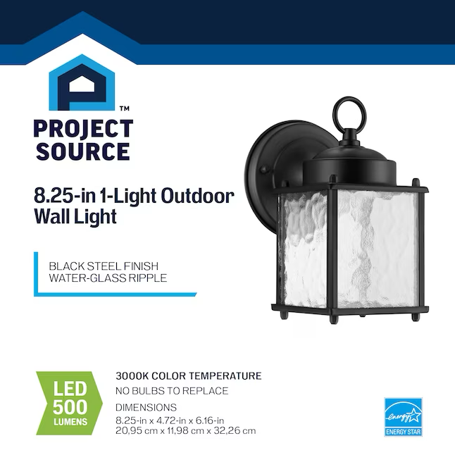 Farol de pared Project Source, 1 luz, 8,25 pulgadas, negro, luz de pared integrada para exteriores 