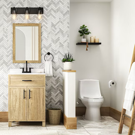 Style Selections Dolton tocador de baño con lavabo individual de roble natural de 24 pulgadas con tapa de mármol blanco (espejo incluido)