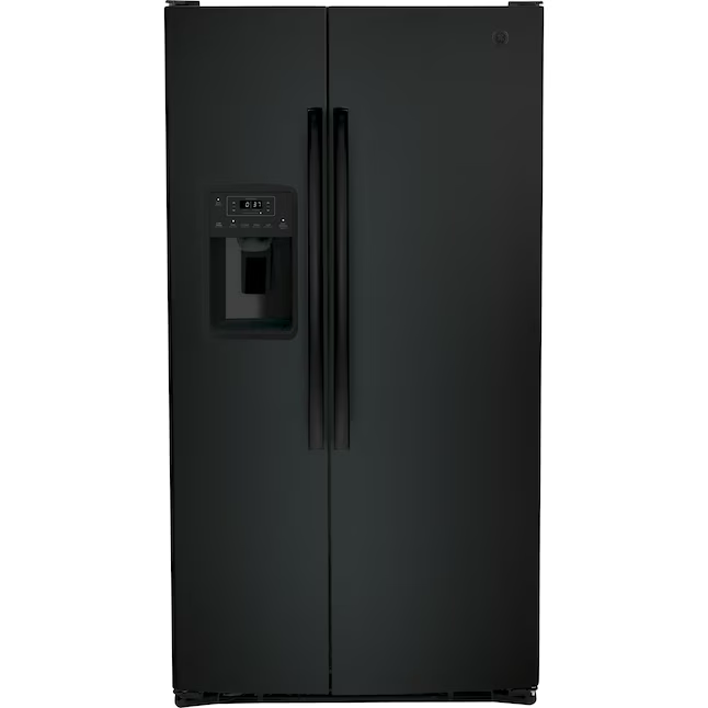 Refrigerador de dos puertas verticales GE de 25.3 pies cúbicos con máquina de hielo, dispensador de agua y hielo (negro)