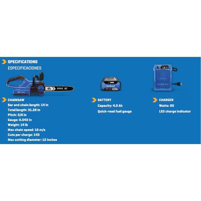 Motosierra Kobalt Gen4 de 40 voltios, 14 pulgadas, batería sin escobillas, 4 Ah (batería y cargador incluidos)