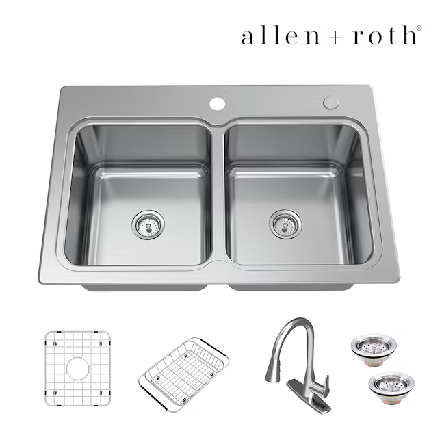 Allen + Roth The Hoffman Collection Dual-mount 33-in x 22-in Stainless Steel Double Equal Bowl 2-Hole Kitchen Sink All-in-one Kit
