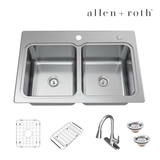 Allen + Roth The Hoffman Collection Kit todo en uno de fregadero de cocina de 2 orificios con doble tazón igual de acero inoxidable de 33 x 22 pulgadas de montaje doble