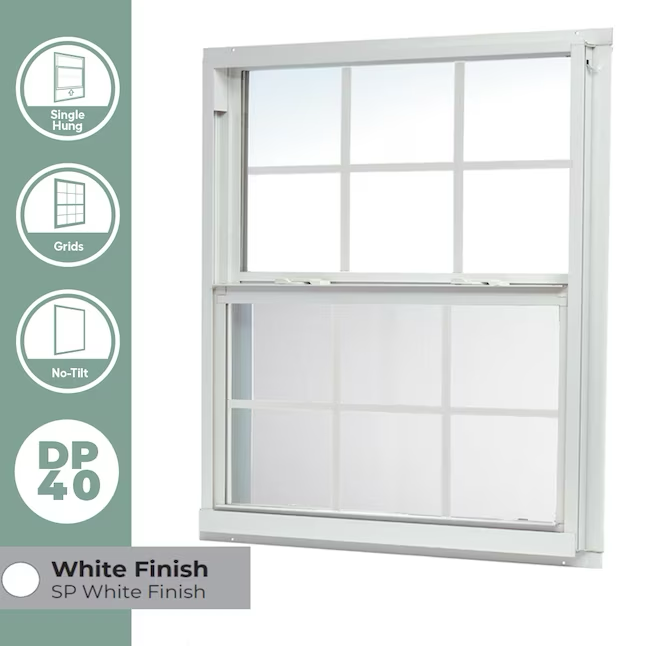 RELIABILT Serie 46000 Nueva construcción Ventana de guillotina de baja emisividad de aluminio blanco de jamba de 35-1/2 x 35-1/2 x 2-5/8 pulgadas con rejillas y media pantalla incluida