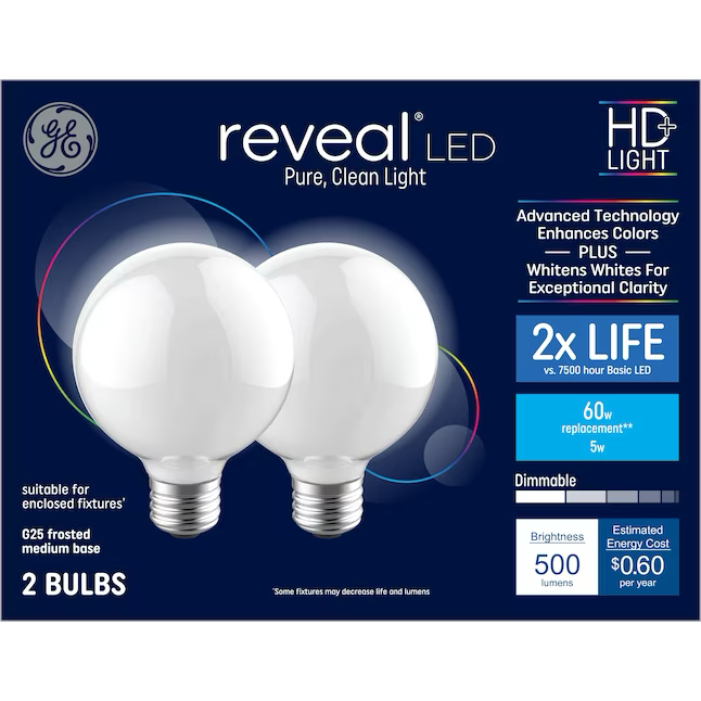 GE Reveal HD Bombilla LED regulable de base media (e-26) EQ G25 de 60 vatios (paquete de 2)