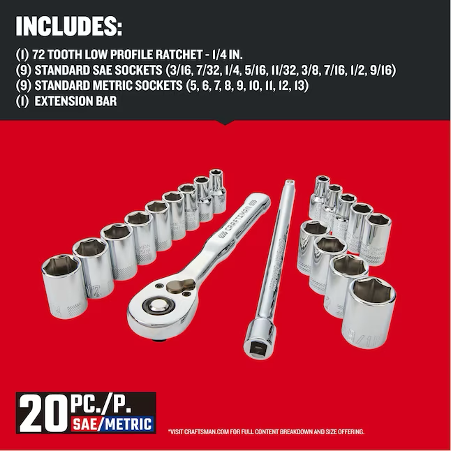 CRAFTSMAN Juego de herramientas mecánicas estándar (SAE) y métricas de cromo pulido de 20 piezas con estuche rígido 