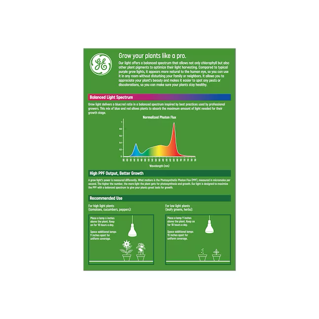 GE Grow: Seeds and Greens Bombilla LED de base media (e-26) de espectro equilibrado EQ BR30 de 9 vatios (e-26)