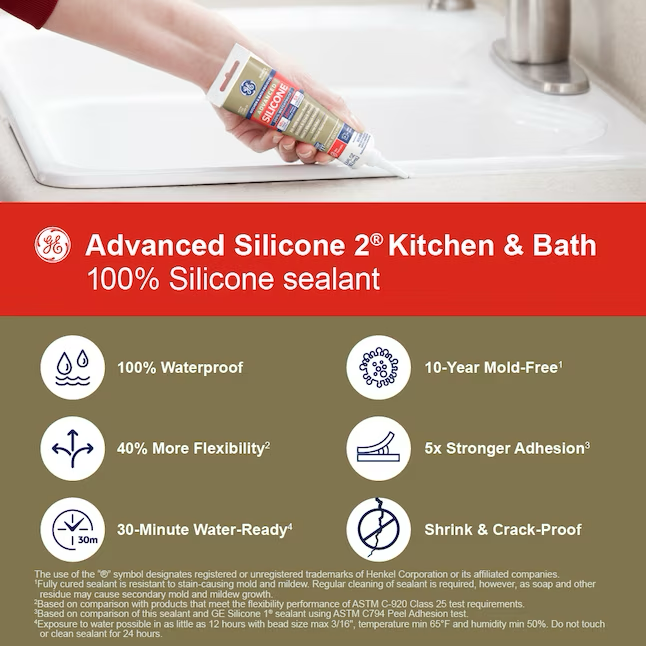 Masilla de silicona transparente GE Advanced Silicone 2 para cocinas, baños, bañeras y azulejos, 2.8 oz