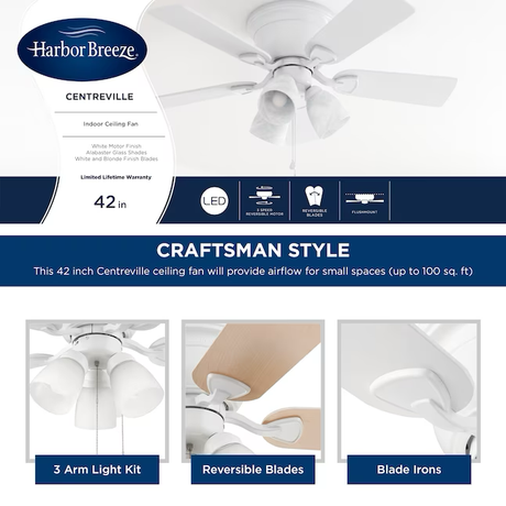 Harbor Breeze Centreville 42-in White Indoor Flush Mount Ceiling Fan with Light (5-Blade)