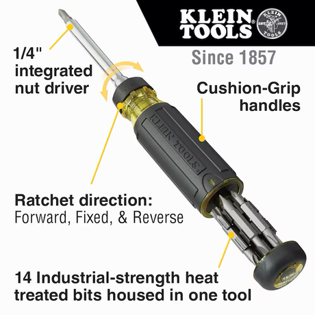 Klein Tools 15-Piece Bi-material Handle Ratcheting Assorted Multi-bit Screwdriver