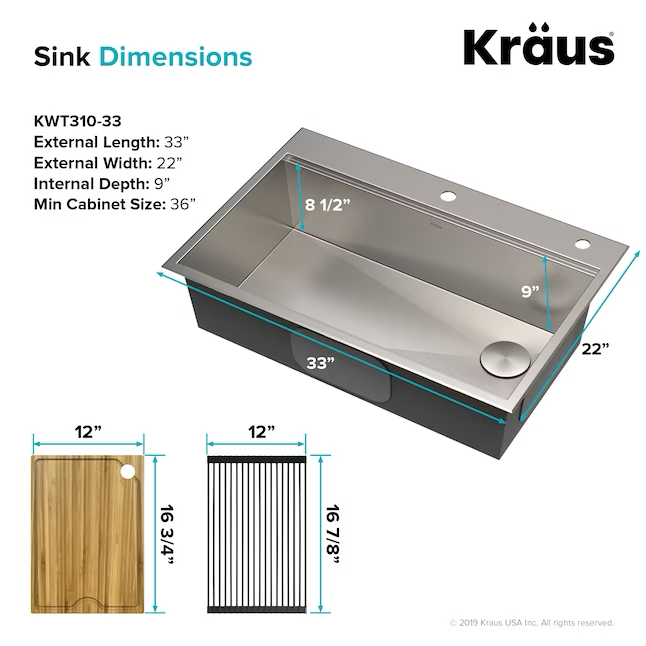 Kraus Kore Workstation Fregadero de cocina con estación de trabajo de 2 orificios y un solo tazón de acero inoxidable de montaje doble, 33 x 22 pulgadas