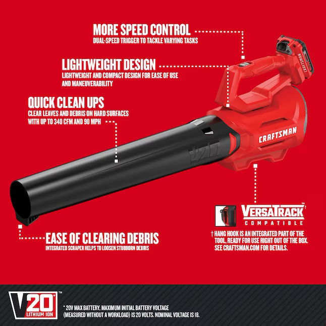 CRAFTSMAN 20-volt Max 340-CFM 90-MPH Battery Handheld Leaf Blower (Battery and Charger Included)