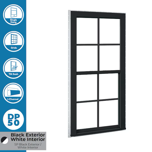 RELIABILT Serie 150 Nueva construcción Ventana de guillotina simple de doble panel de vinilo negro con jamba de 35-1/2 pulgadas x 35-1/2 pulgadas x 3-1/4 pulgadas con rejillas Media pantalla incluida