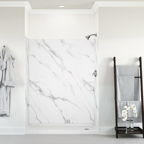 Allen + Roth Marco de pared de ducha con alcoba, color blanco Carrara, 60 x 32 x 78 pulgadas, 9 piezas, adhesivo para pared