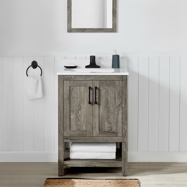 Style Selections Howell tocador de baño con lavabo individual de 24 pulgadas, color marrón desgastado, con tapa de piedra de ingeniería blanca
