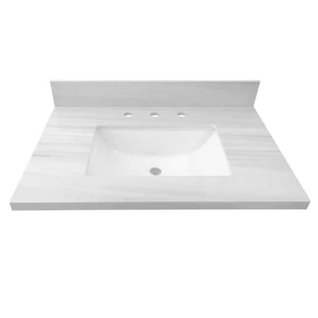 Allen + Roth Dolomiti Bianco Encimera de tocador de baño con 3 orificios y lavabo individual de piedra sinterizada blanca de 31 pulgadas