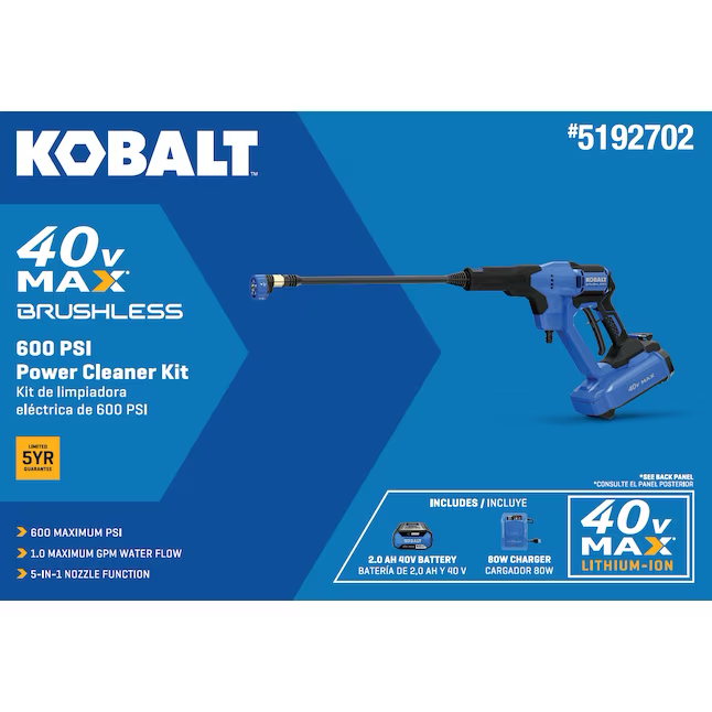 Kobalt Limpiador eléctrico para exteriores con batería de agua fría 600 PSI 2 Ah (batería y cargador incluidos)
