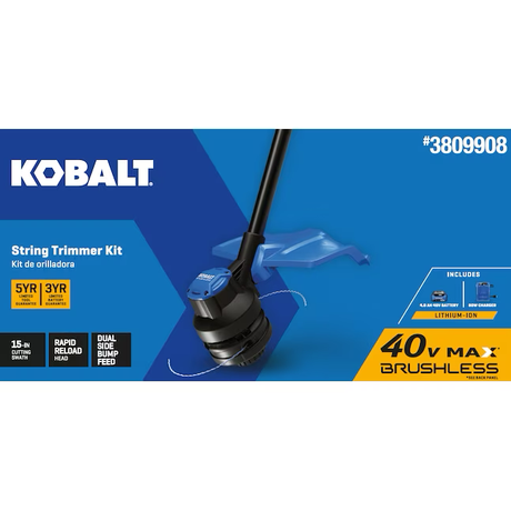 Kobalt Gen4 Recortadora de hilo con batería de eje recto de 40 voltios, 15 pulgadas, 4 Ah (batería y cargador incluidos)