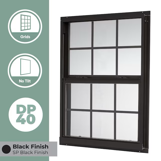 RELIABILT Serie 46000 Ventana de guillotina simple de baja emisividad de aluminio negro de nueva construcción con media pantalla de rejilla incluida
