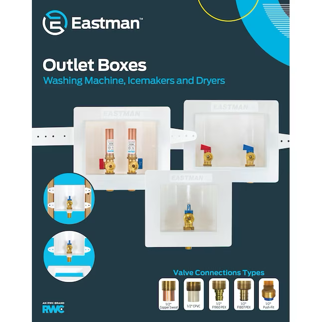 Eastman Center Drain Washing Machine Outlet Box with Hammer Arrestors – 1/2 in. Sweat