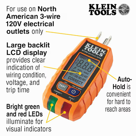 Klein Tools GFCI Outlet Tester Lcd Display Receptacle Tester Specialty Meter 120-Volt