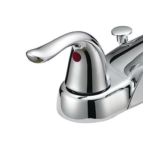 EZ-FLO Impressions Grifo para lavabo de baño WaterSense de 4 pulgadas, juego central, 2 manijas, cromado, con desagüe y placa para cubierta