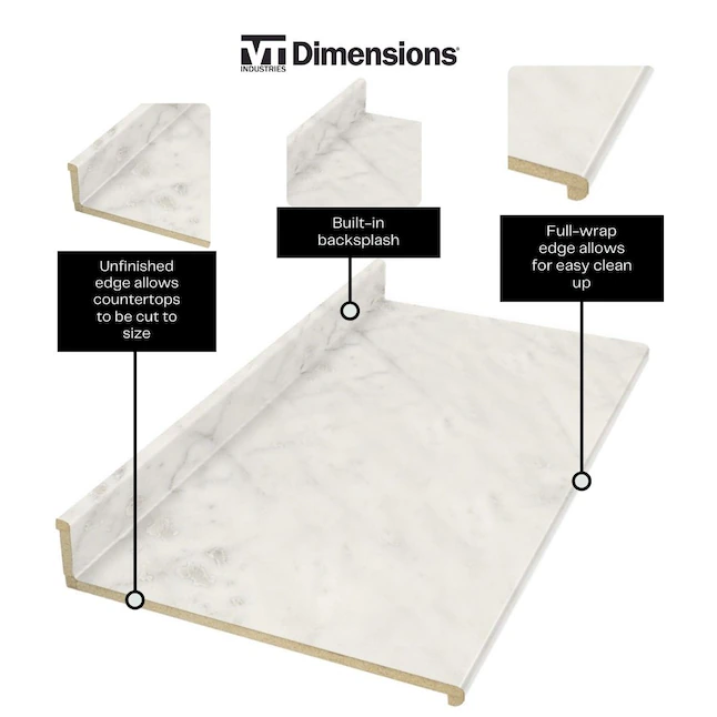 Dimensiones VT Formica 96 x 25,25 x 3,75 pulgadas Carrara Bianco 6696-43 Encimera laminada recta con protector contra salpicaduras integrado