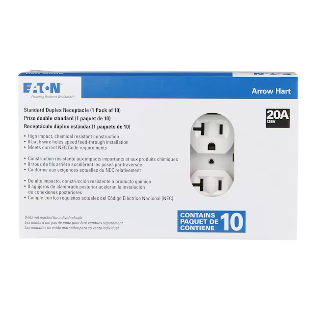 Eaton Tomacorriente dúplex comercial de 20 amperios y 125 voltios, color blanco (paquete de 10)